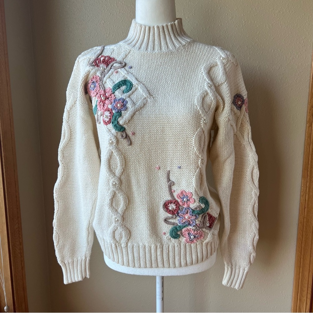 Vintage Ninon De Lenclos Knit Sweater M Floral Pearls Cottagecore Granny Modest